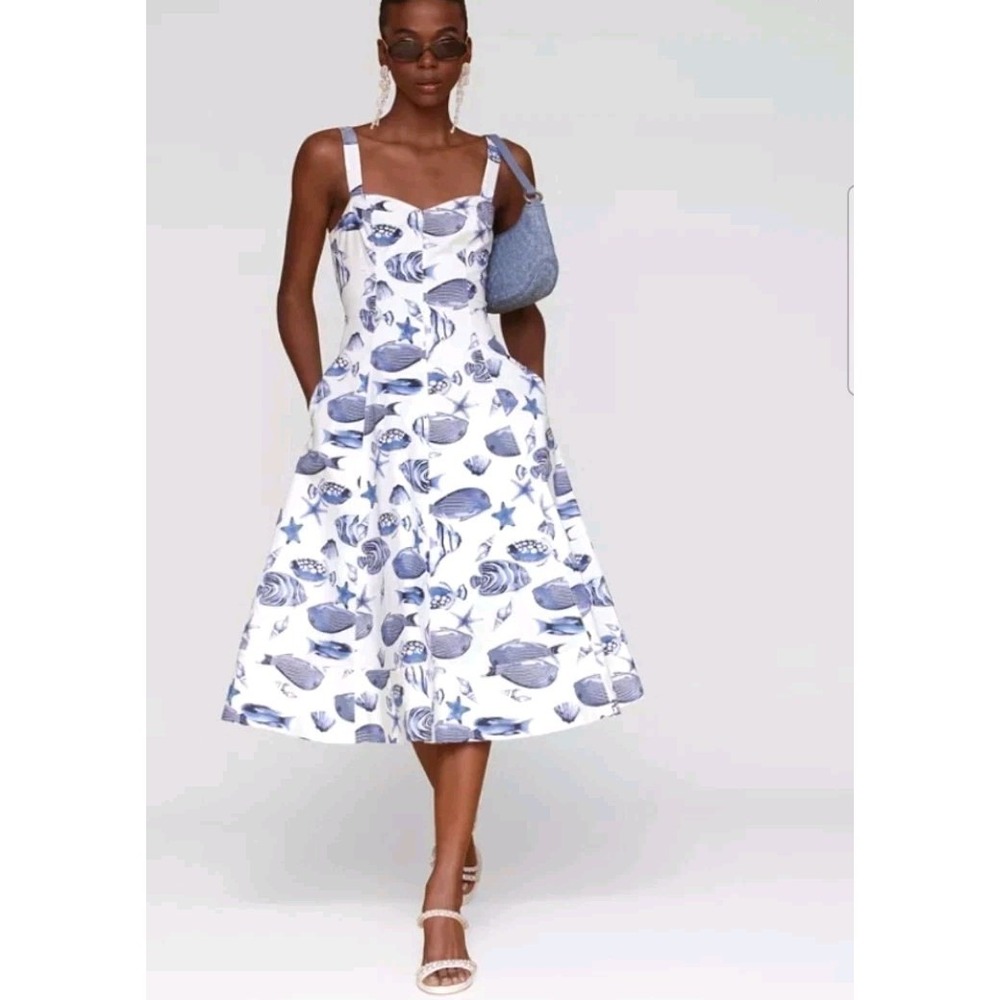 Avec Les Filles Sea Stars Fish Cotton Blend Midi Dress In Blue White Size 10